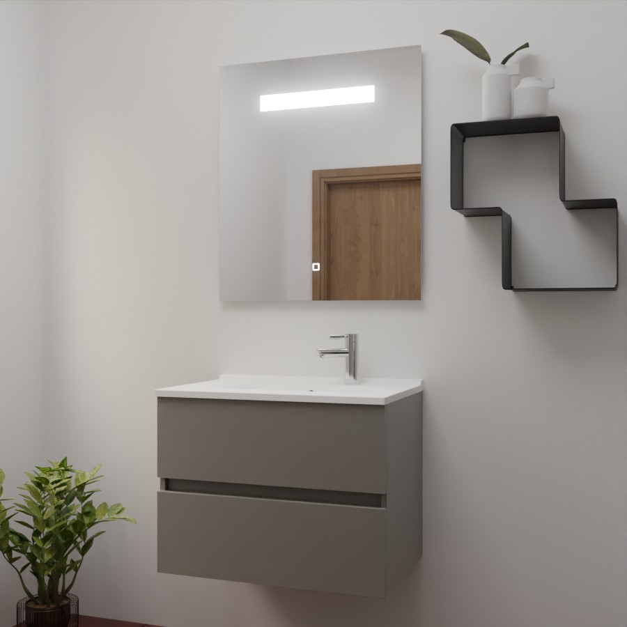 Ensemble meuble salle de bain 70 cm x 46 cm ROSINOX avec meuble à tiroir coloris gris clair mat, plan vasque en résine et miroir LED élégance 70 cm x 80 cm de hauteur