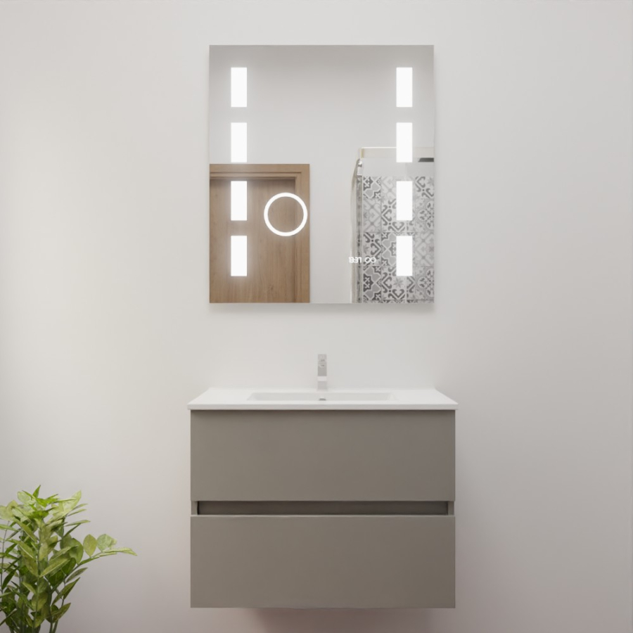 Ensemble meuble salle de bain 70 cm x 46 cm ROSINOX avec meuble à tiroir coloris gris clair mat, plan vasque en céramique et miroir LED excellence 70 cm x 80 cm de hauteur