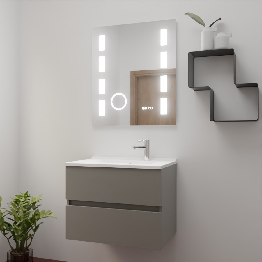 Ensemble meuble salle de bain 70 cm x 46 cm ROSINOX avec meuble à tiroir coloris gris clair mat, plan vasque en résine et miroir LED excellence 70 cm x 80 cm de hauteur