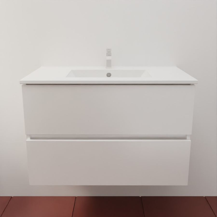 Ensemble meuble salle de bain 80 cm en inox coloris blanc mat et plan simple vasque en céramique 46 cm de profondeur 