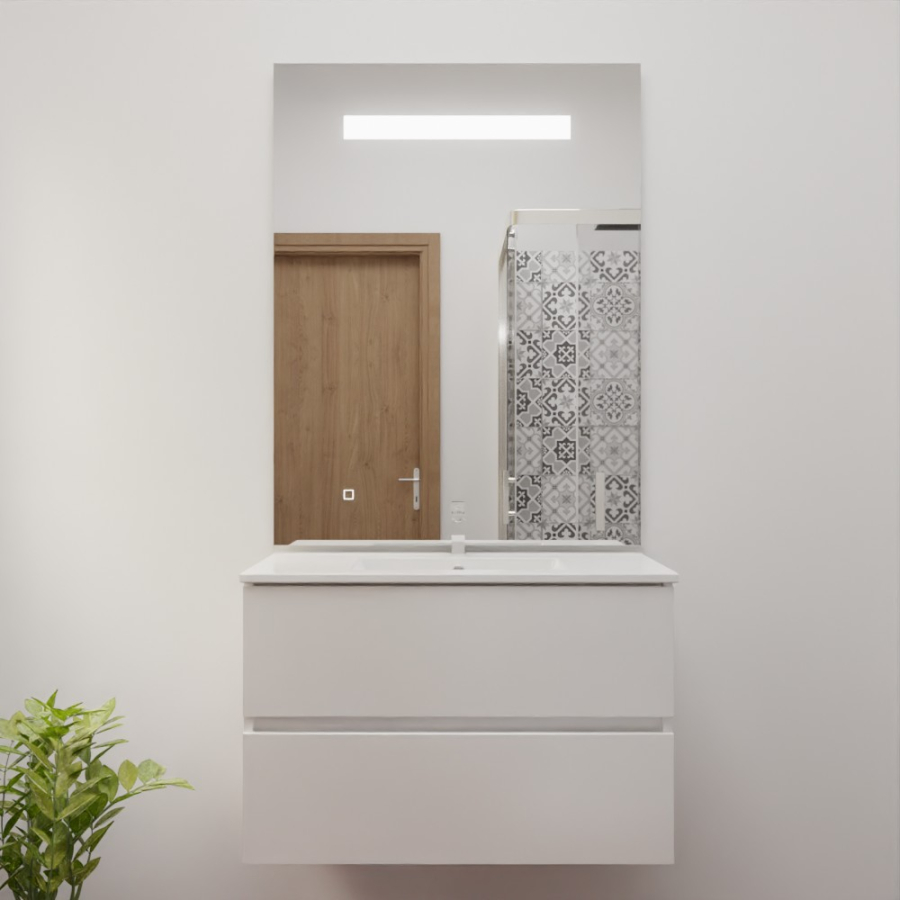 Ensemble de salle de bain 80 cm x 46 cm ROSINOX avec meuble coloris blanc mat, plan vasque en céramique et miroir LED élégance 80 cm x 105 cm de hauteur