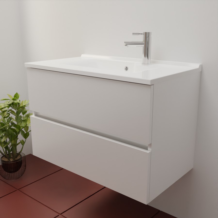 Ensemble meuble salle de bain 80 cm en inox coloris blanc mat et plan simple vasque en résine 46 cm de profondeur 