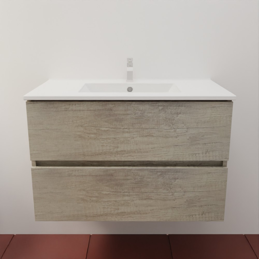 Ensemble meuble salle de bain 80 cm en inox coloris chêne et plan simple vasque en céramique 46 cm de profondeur 
