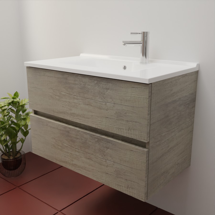 Ensemble meuble salle de bain 80 cm en inox coloris chêne et plan simple vasque en résine 46 cm de profondeur 
