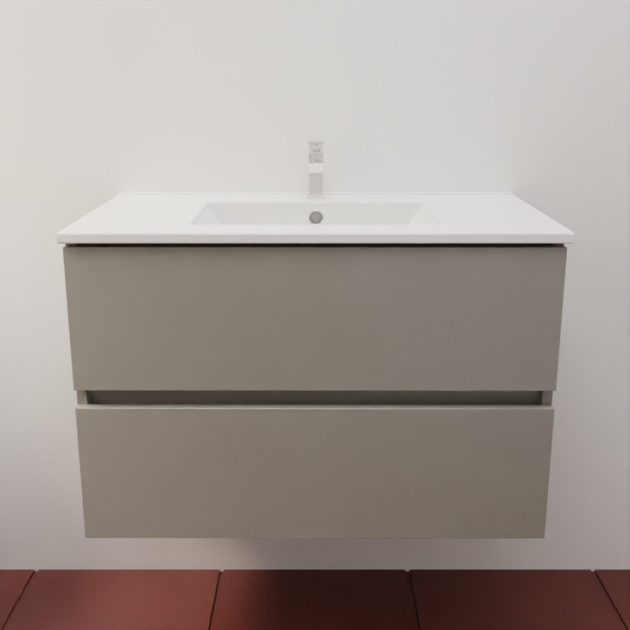 Ensemble meuble salle de bain 80 cm en inox coloris gris mat et plan simple vasque en céramique 46 cm de profondeur 