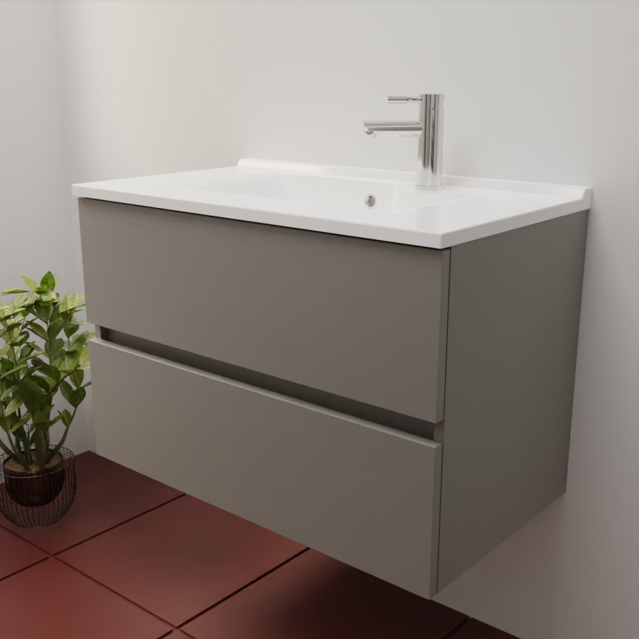 Ensemble meuble salle de bain 80 cm en inox coloris gris mat et plan simple vasque en résine 46 cm de profondeur 
