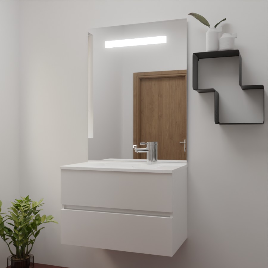 Ensemble de salle de bain 80 cm x 46 cm ROSINOX avec meuble coloris blanc mat, plan vasque en résine et miroir LED élégance 80 cm x 105 cm de hauteur