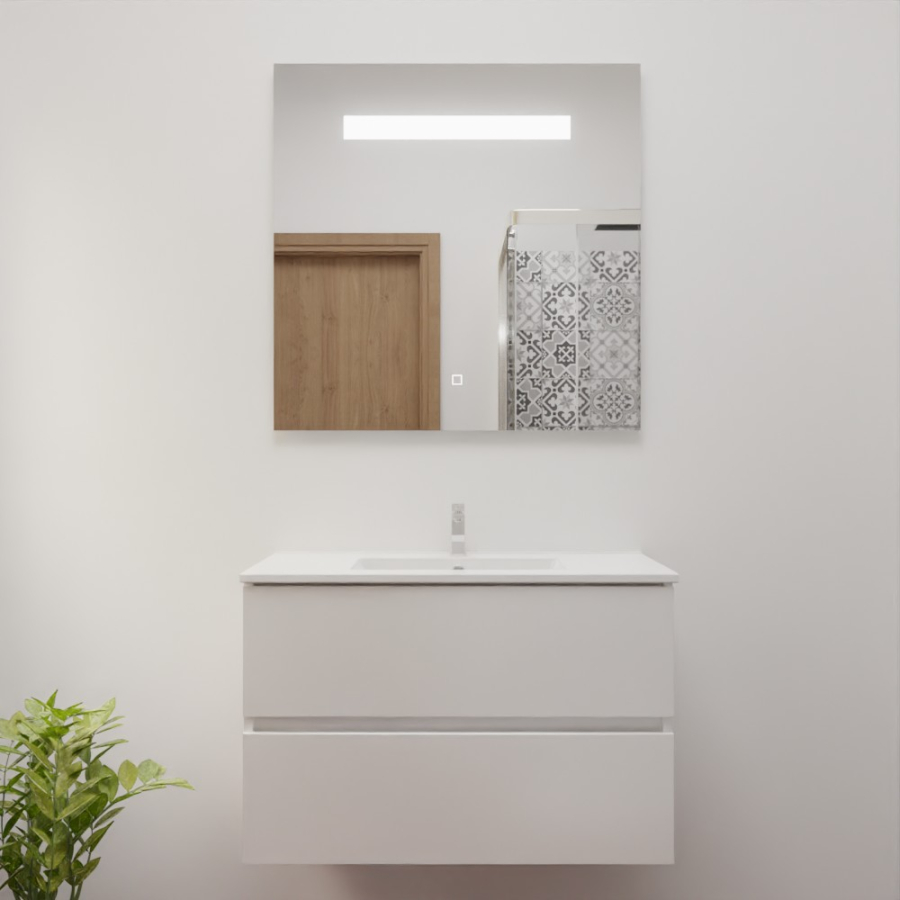 Ensemble de salle de bain 80 cm x 46 cm ROSINOX avec meuble coloris blanc mat, plan vasque en céramique et miroir LED élégance 80 cm x 80 cm de hauteur