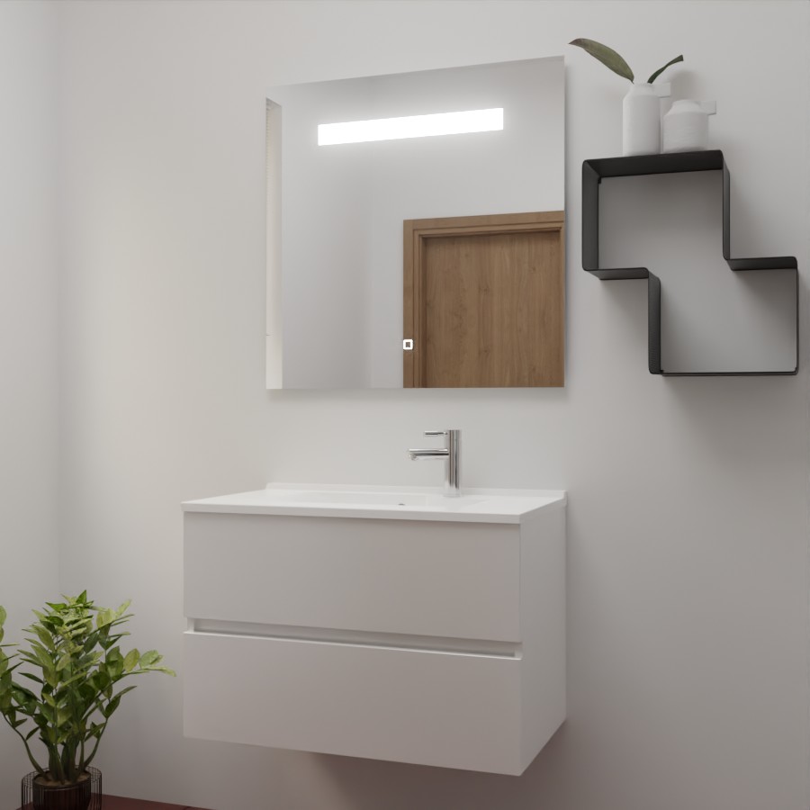 Ensemble de salle de bain 80 cm x 46 cm ROSINOX avec meuble coloris blanc mat, plan vasque en résine et miroir LED élégance 80 cm x 80 cm de hauteur