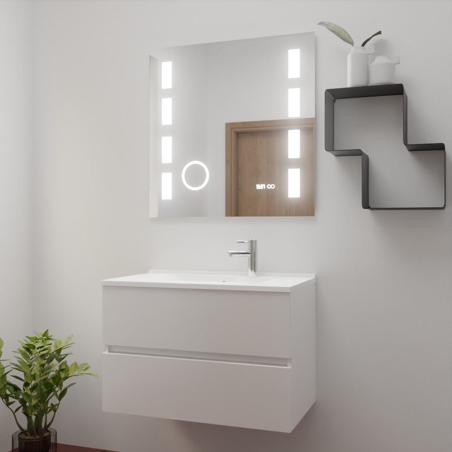 Ensemble de salle de bain 80 cm x 46 cm ROSINOX avec meuble coloris blanc mat, plan vasque en résine et miroir LED excellence 80 cm x 80 cm de hauteur