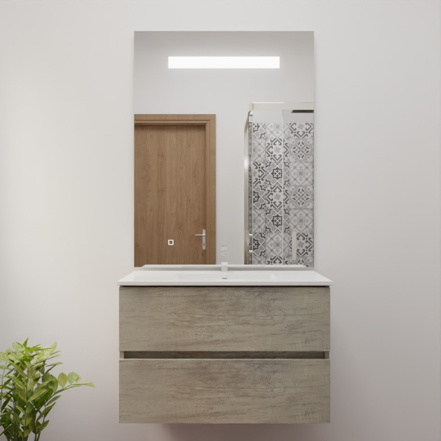 Ensemble de salle de bain 80 cm x 46 cm ROSINOX avec meuble coloris chene, plan vasque en céramique et miroir LED élégance 80 cm x 105 cm de hauteur