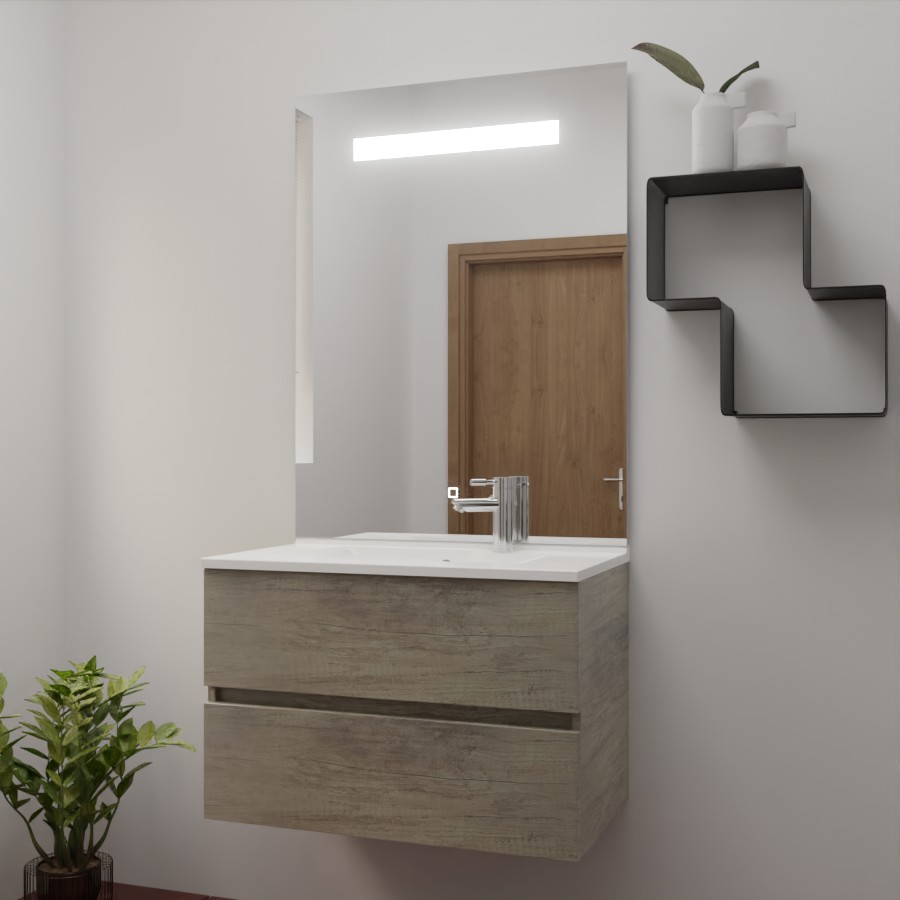 Ensemble de salle de bain 80 cm x 46 cm ROSINOX avec meuble coloris chene, plan vasque en résine et miroir LED élégance 80 cm x 105 cm de hauteur