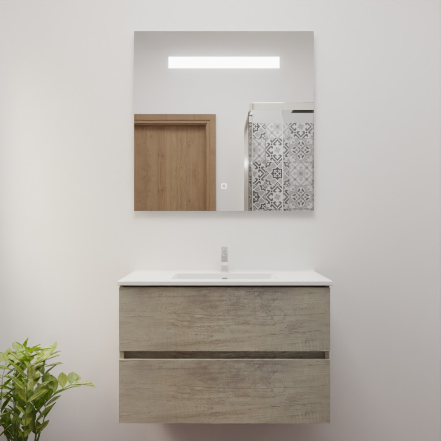 Ensemble de salle de bain 80 cm x 46 cm ROSINOX avec meuble coloris bois, plan vasque en céramique et miroir LED élégance 80 cm x 80 cm de hauteur