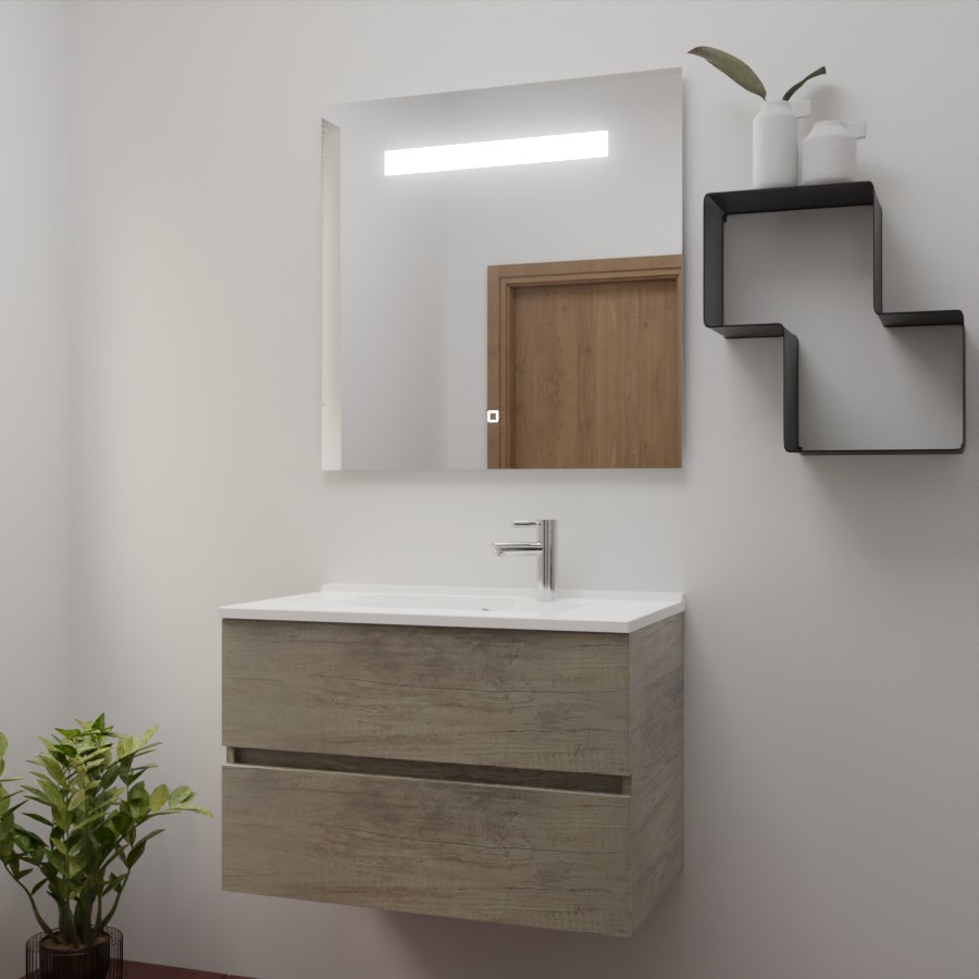 Ensemble de salle de bain 80 cm x 46 cm ROSINOX avec meuble coloris chene, plan vasque en résine et miroir LED élégance 80 cm x 80 cm de hauteur