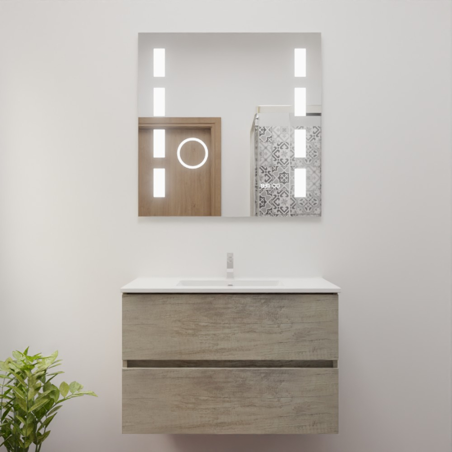 Ensemble de salle de bain 80 cm x 46 cm ROSINOX avec meuble coloris chene, plan vasque en céramique et miroir LED excellence 80 cm x 80 cm de hauteur