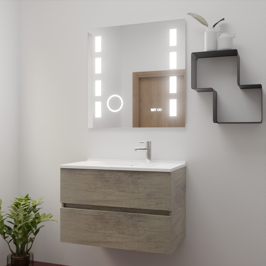 Ensemble de salle de bain 80 cm x 46 cm ROSINOX avec meuble coloris chene, plan vasque en résine et miroir LED excellence 80 cm x 80 cm de hauteur