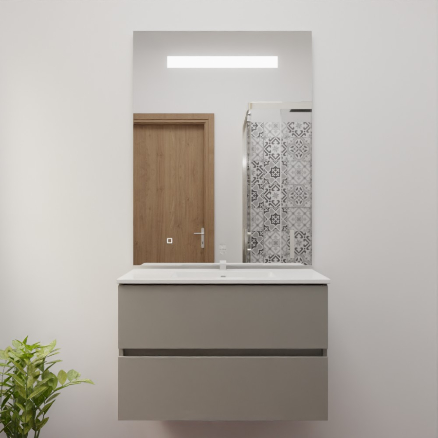 Ensemble de salle de bain 80 cm x 46 cm ROSINOX avec meuble coloris gris clair mat, plan vasque en céramique et miroir LED élégance 80 cm x 105 cm de hauteur