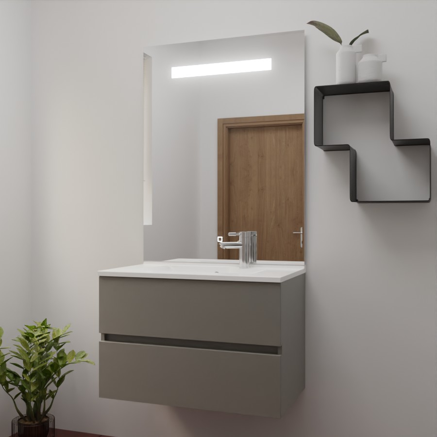 Ensemble de salle de bain 80 cm x 46 cm ROSINOX avec meuble coloris gris clair mat, plan vasque en résine et miroir LED élégance 80 cm x 105 cm de hauteur