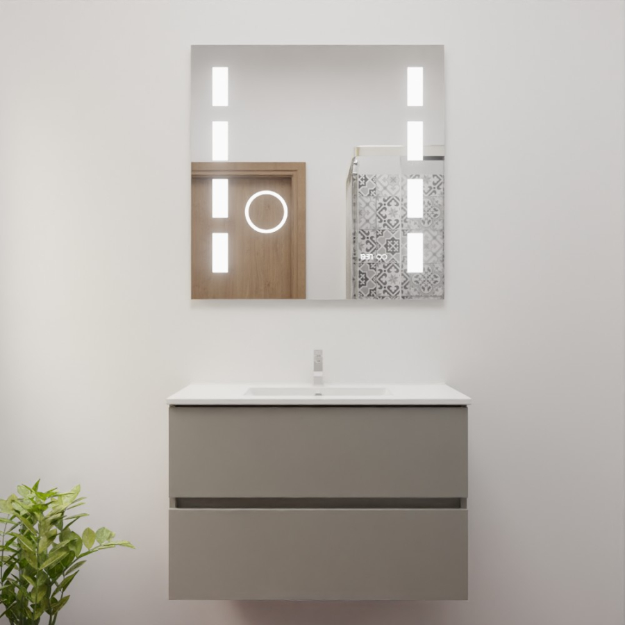 Ensemble de salle de bain 80 cm x 46 cm ROSINOX avec meuble coloris gris clair mat, plan vasque en céramique et miroir LED excellence 80 cm x 80 cm de hauteur