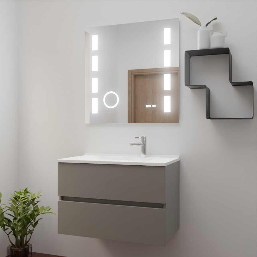 Ensemble de salle de bain 80 cm x 46 cm ROSINOX avec meuble coloris gris clair mat, plan vasque en résine et miroir LED excellence 80 cm x 80 cm de hauteur