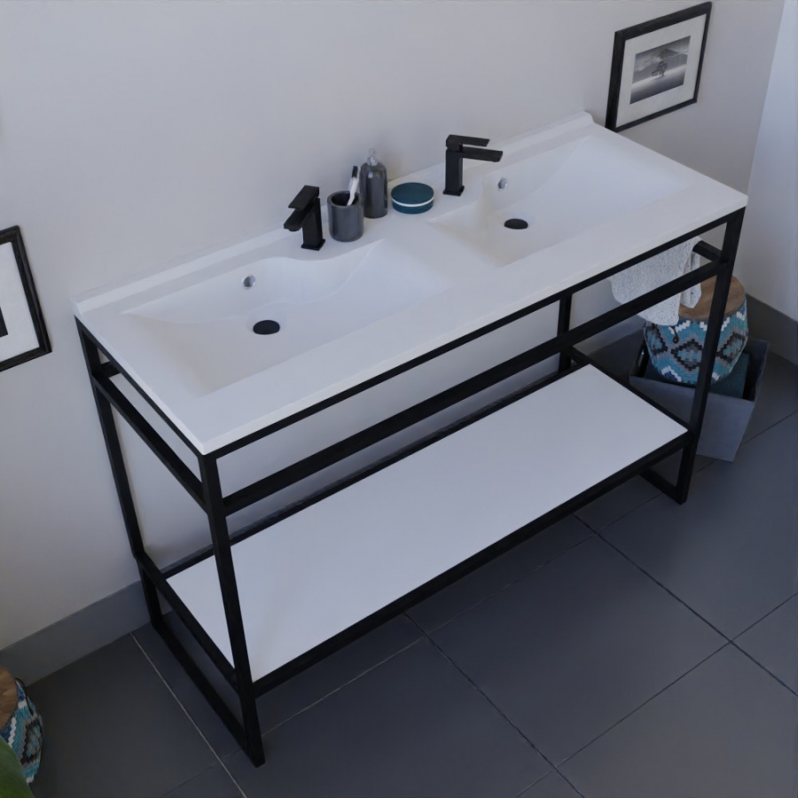 Ensemble STRUCTURA meuble salle de bain 120 cm ouvert en métal noir, étagère de rangement blanche et plan double vasque en résine