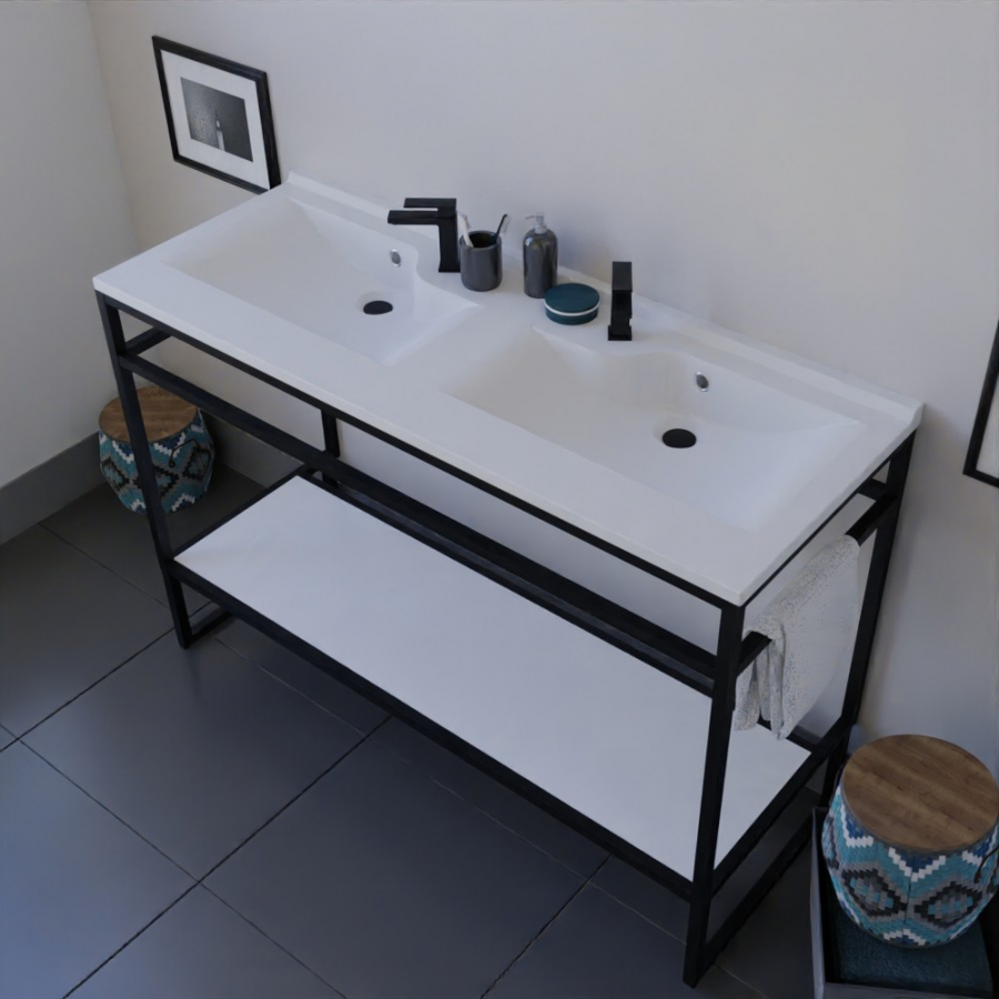 Ensemble STRUCTURA meuble salle de bain 120 cm ouvert en métal noir, étagère de rangement blanche et plan double vasque en résine