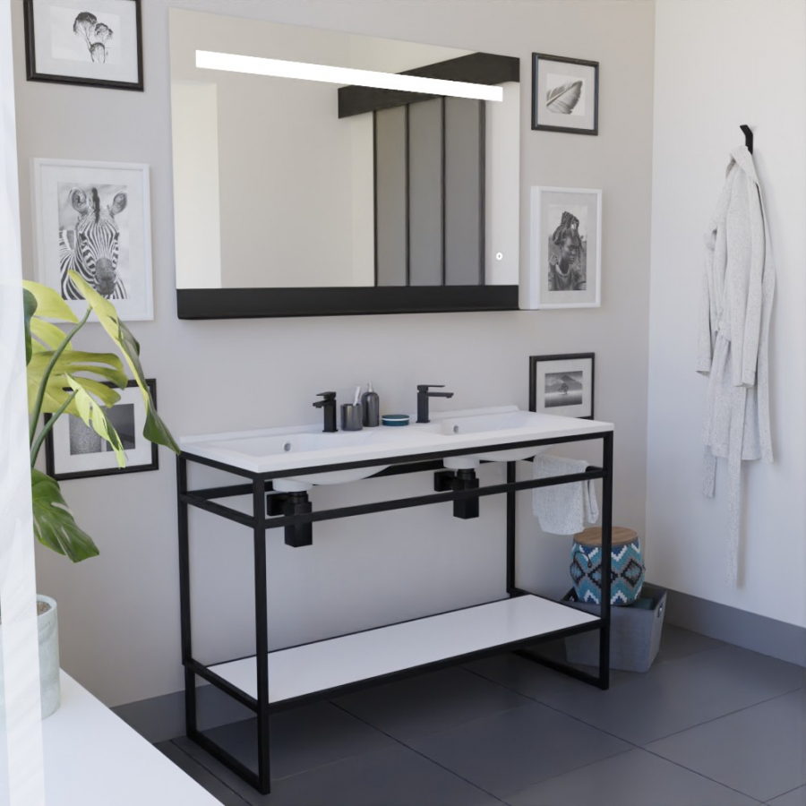 Ensemble STRUCTURA meuble salle de bain 120 cm ouvert en métal noir, étagère de rangement blanche, plan double vasque et miroir LED avec tablette de rangement noire