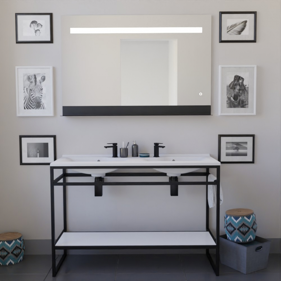 Ensemble STRUCTURA meuble salle de bain 120 cm ouvert en métal noir, étagère de rangement blanche, plan double vasque et miroir LED avec tablette de rangement noire