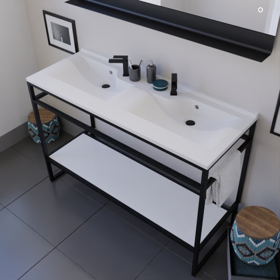 Ensemble STRUCTURA meuble salle de bain 120 cm ouvert en métal noir, étagère de rangement blanche, plan double vasque et miroir LED avec tablette de rangement noire