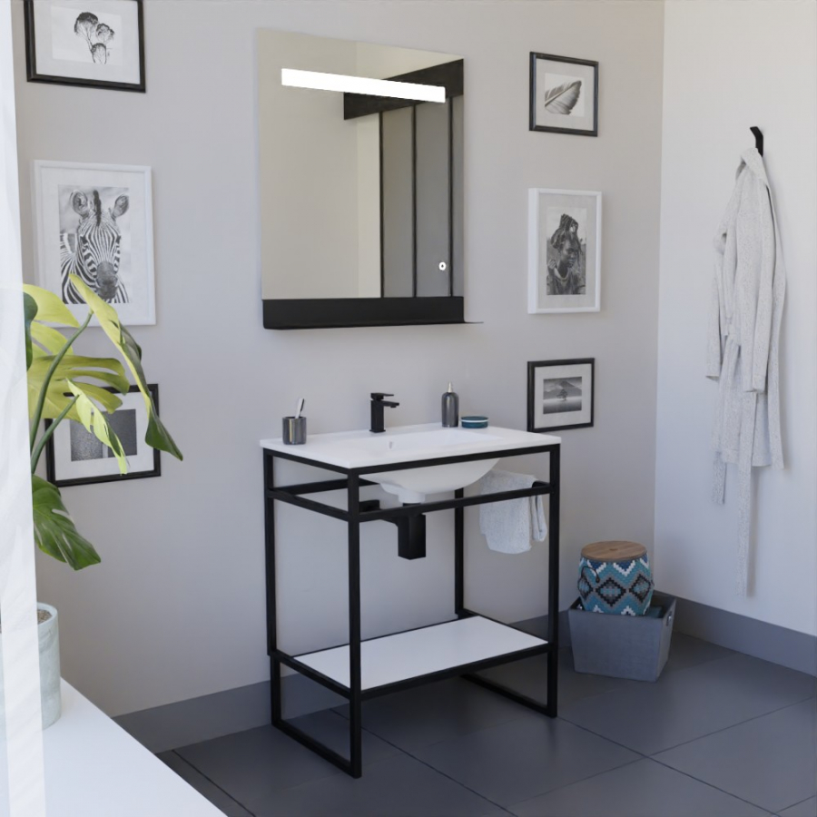 Ensemble STRUCTURA meuble salle de bain 70 cm ouvert en métal noir, étagère de rangement blanche et plan vasque en céramique blanc et miroir Etal