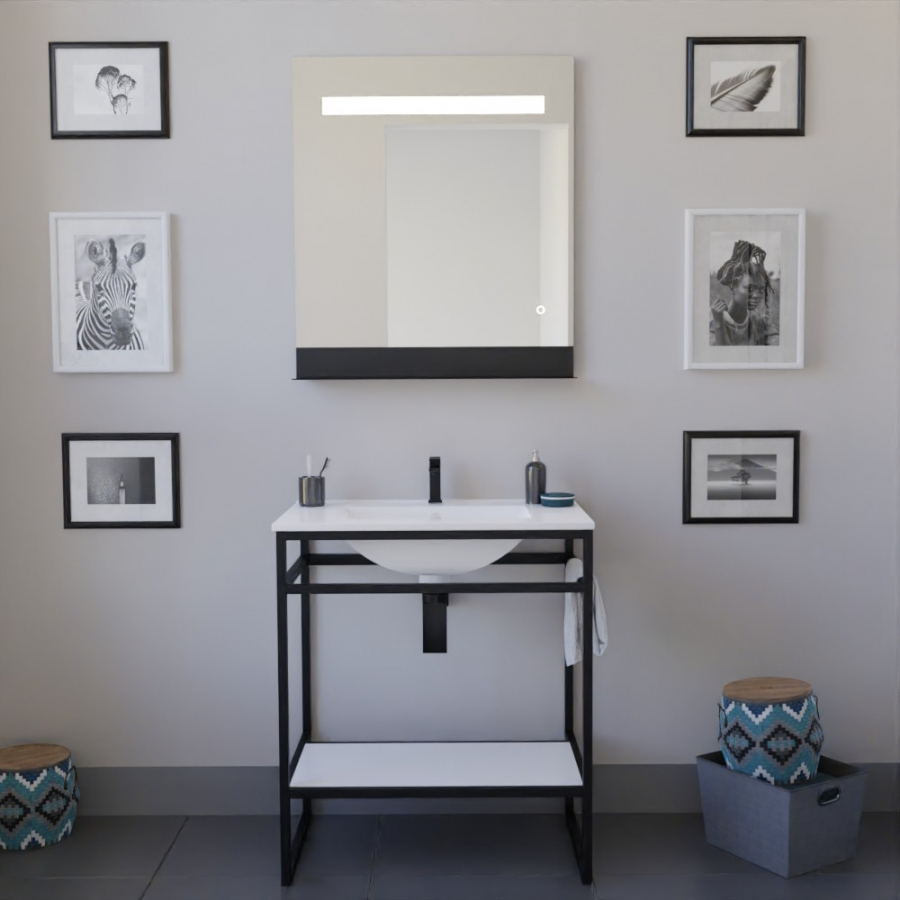 Ensemble STRUCTURA meuble salle de bain 70 cm ouvert en métal noir, étagère de rangement blanche et plan vasque en céramique blanc et miroir Etal