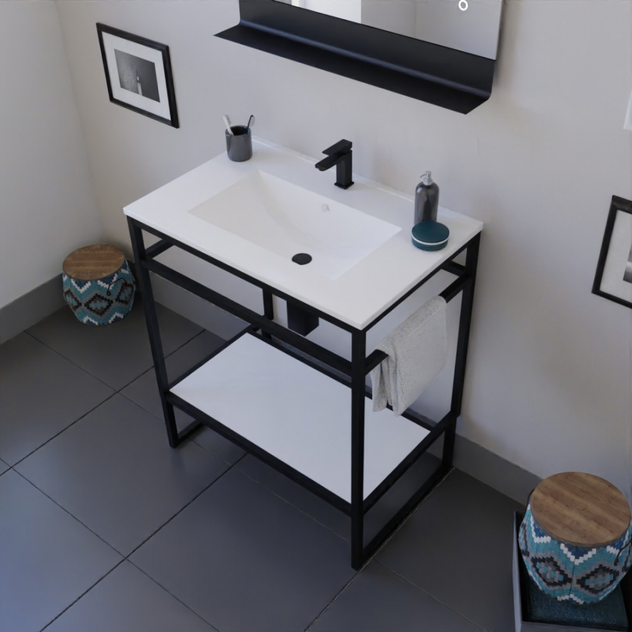 Ensemble STRUCTURA meuble salle de bain 70 cm ouvert en métal noir, étagère de rangement blanche et plan vasque en céramique blanc et miroir Etal