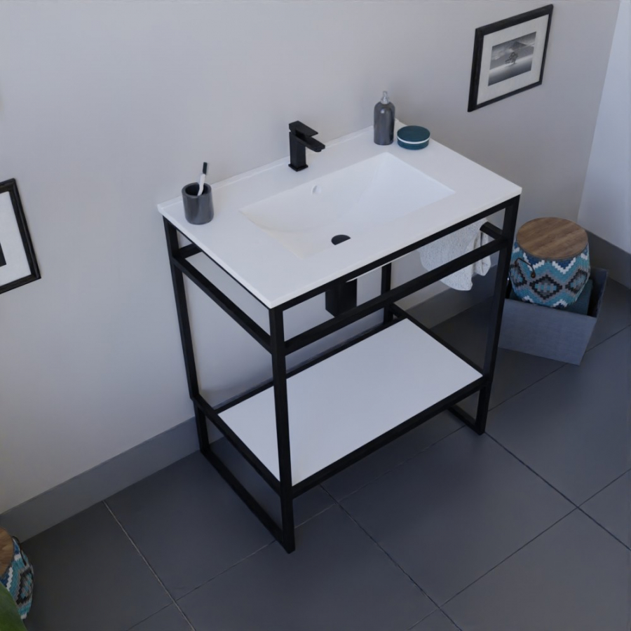 Ensemble STRUCTURA meuble salle de bain 70 cm ouvert en métal noir, étagère de rangement blanche et plan vasque en céramique blanc