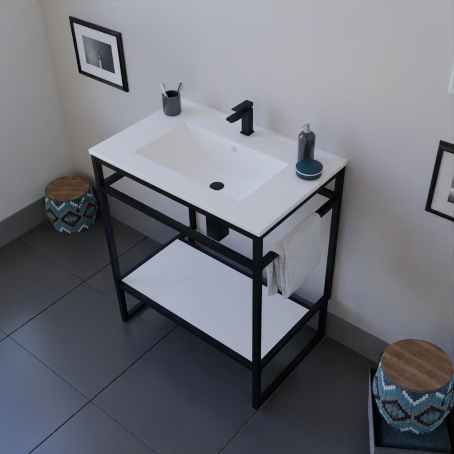 Ensemble STRUCTURA meuble salle de bain 70 cm ouvert en métal noir, étagère de rangement blanche et plan vasque en céramique blanc