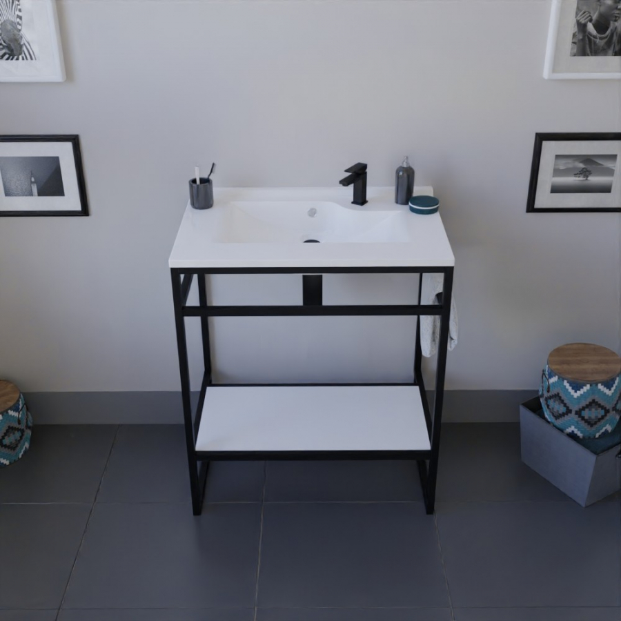 Ensemble STRUCTURA meuble salle de bain 70 cm ouvert en métal noir, étagère de rangement blanche et plan vasque en résine blanche