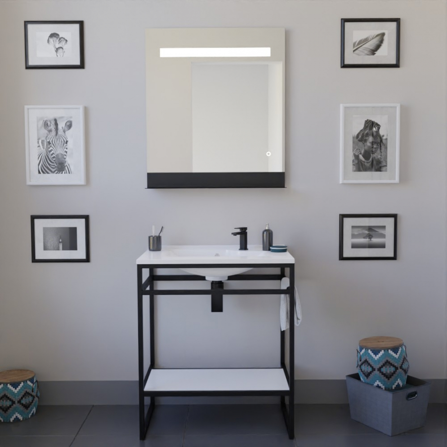 Ensemble STRUCTURA meuble salle de bain 70 cm ouvert en métal noir, étagère de rangement blanche et plan vasque en résine blanc et miroir Etal