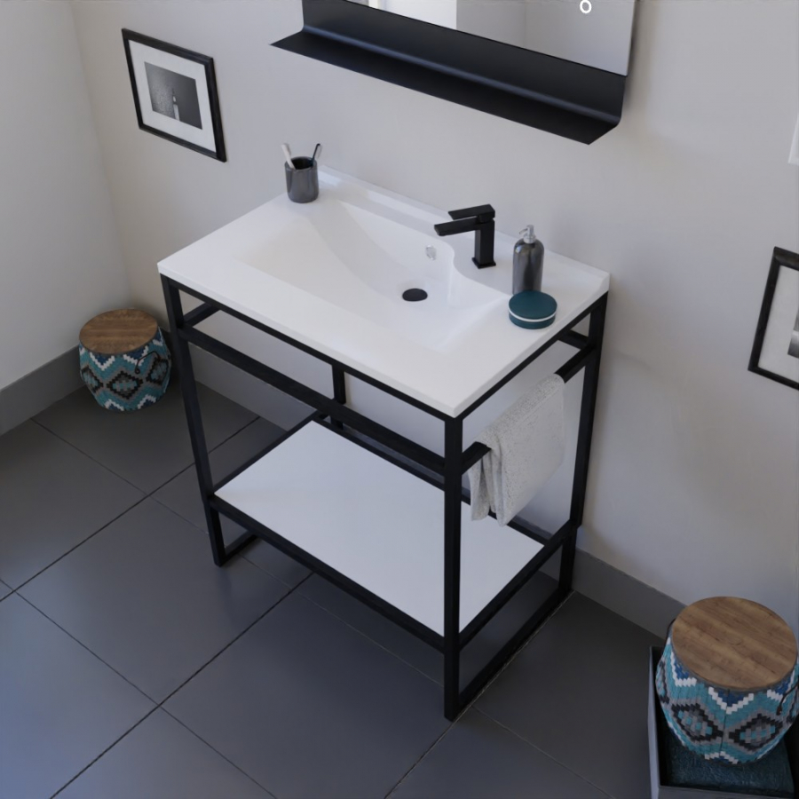 Ensemble STRUCTURA meuble salle de bain 70 cm ouvert en métal noir, étagère de rangement blanche et plan vasque en résine blanc et miroir Etal