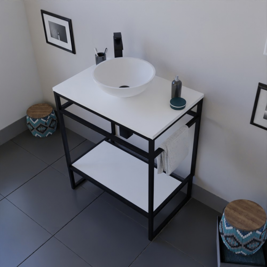 Ensemble STRUCTURA meuble salle de bain 70 cm ouvert en métal noir, étagère et plan stratifié blanc, vasque ronde à poser blanche