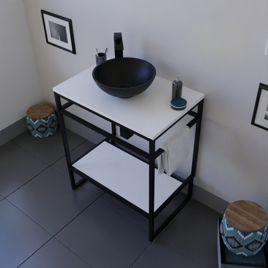 Ensemble STRUCTURA meuble salle de bain 70 cm ouvert en métal noir, étagère et plan stratifié blanc, vasque ronde à poser noire