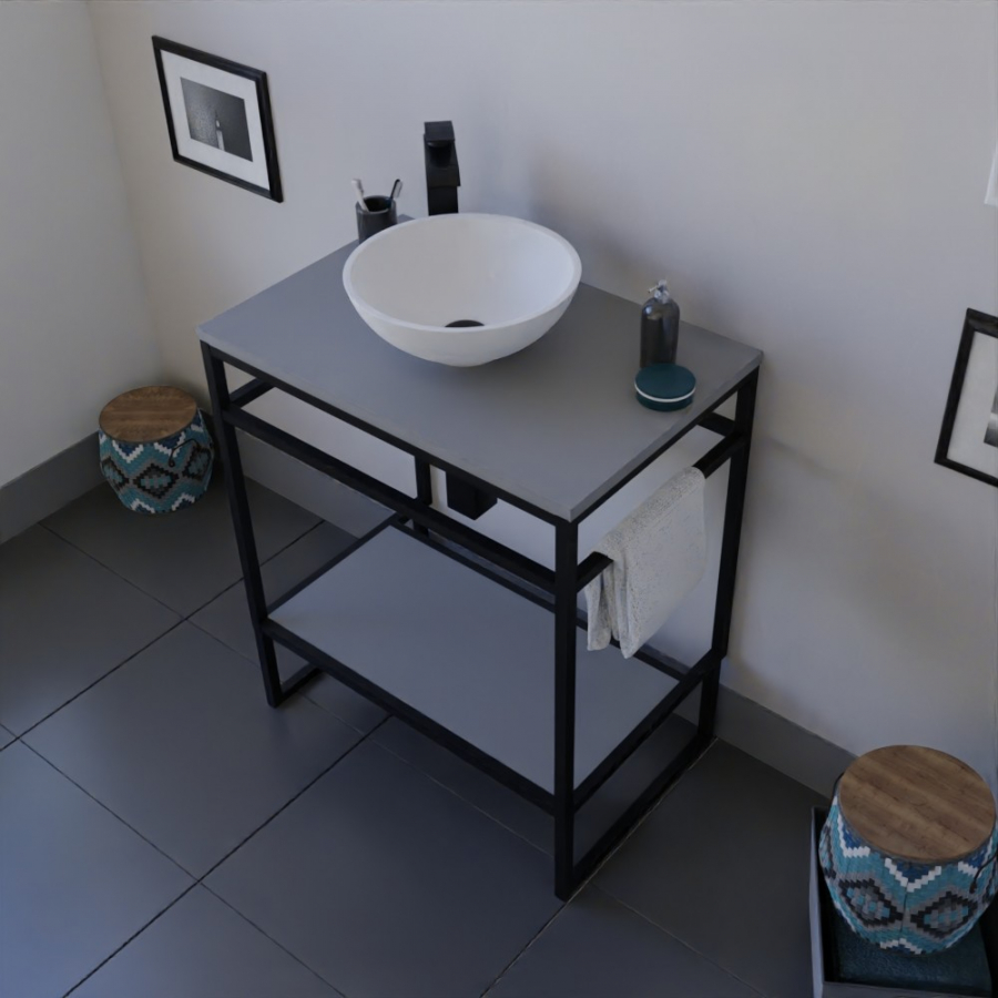 Ensemble STRUCTURA meuble salle de bain 70 cm ouvert en métal noir, étagère et plan stratifié gris, vasque ronde à poser blanche