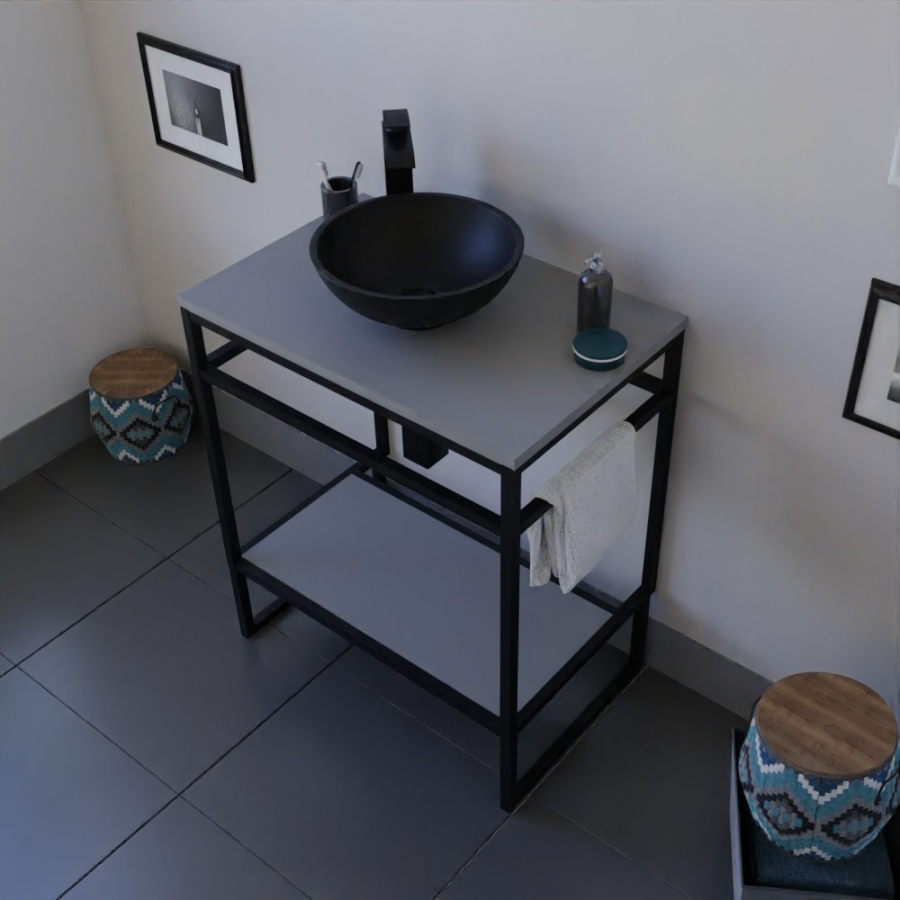 Ensemble STRUCTURA meuble salle de bain 70 cm ouvert en métal noir, étagère et plan stratifié gris, vasque ronde à poser noire