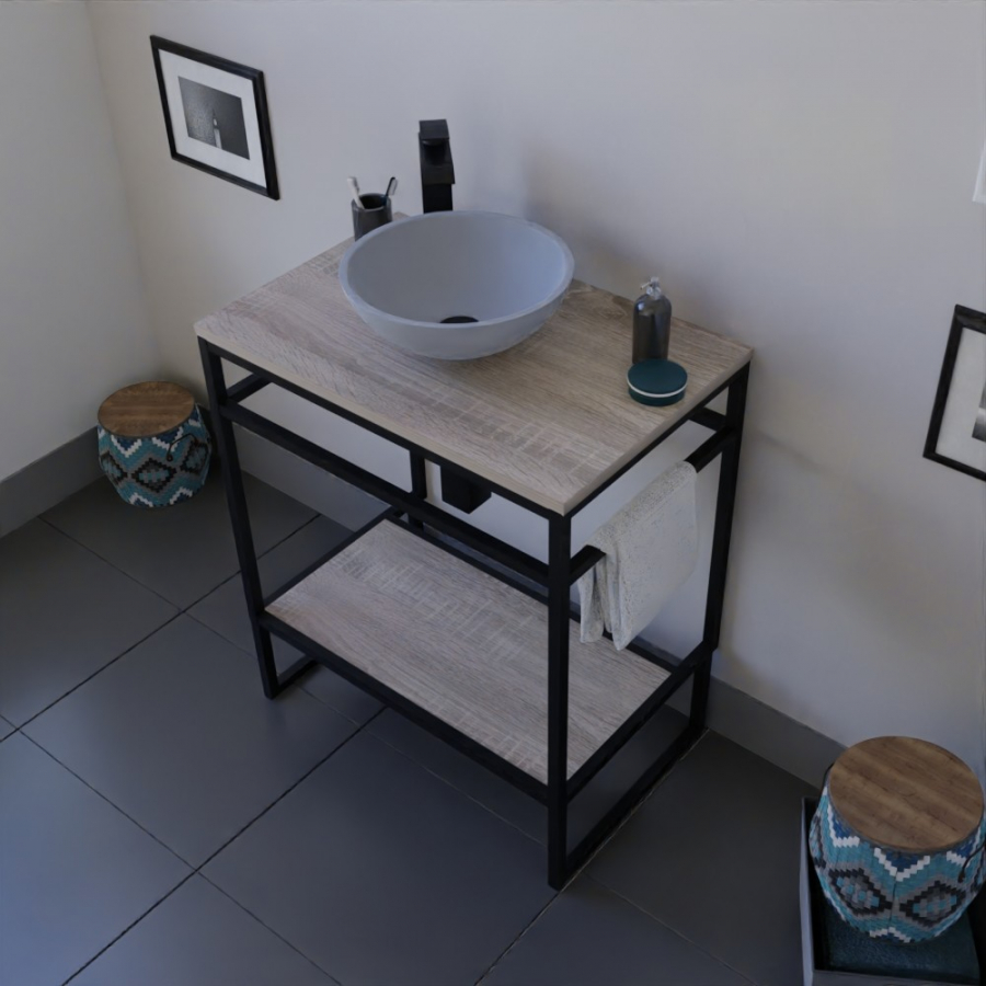 Ensemble STRUCTURA meuble salle de bain 70 cm ouvert en métal noir, étagère et plan stratifié aspect bois, vasque ronde à poser grise