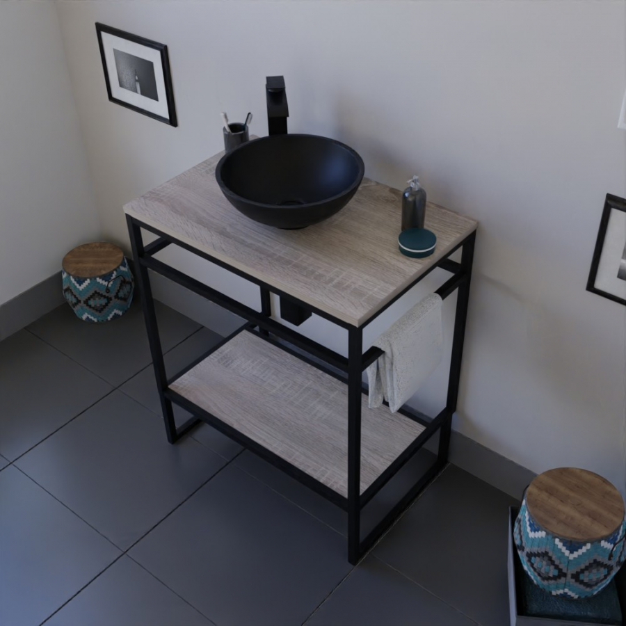 Ensemble STRUCTURA meuble salle de bain 70 cm ouvert en métal noir, étagère et plan stratifié aspect bois, vasque ronde à poser noire