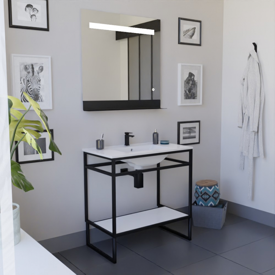 Ensemble STRUCTURA meuble salle de bain 80 cm ouvert en métal noir, étagère de rangement blanche et plan vasque en céramique blanc et miroir Etal