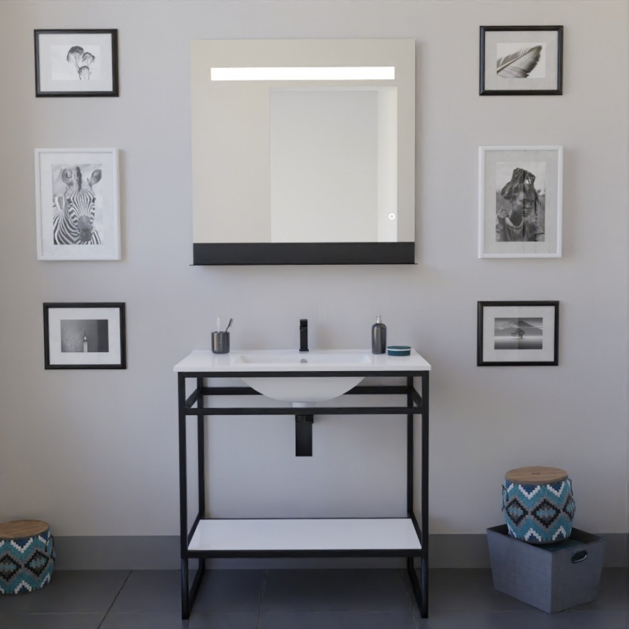 Ensemble STRUCTURA meuble salle de bain 80 cm ouvert en métal noir, étagère de rangement blanche et plan vasque en céramique blanc et miroir Etal