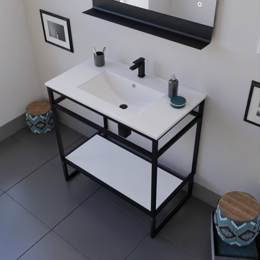 Ensemble STRUCTURA meuble salle de bain 80 cm ouvert en métal noir, étagère de rangement blanche et plan vasque en céramique blanc et miroir Etal