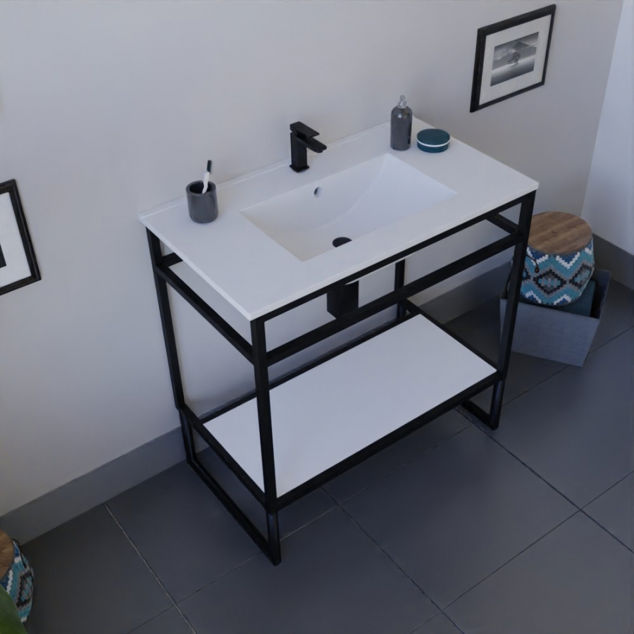 Ensemble STRUCTURA meuble salle de bain 80 cm ouvert en métal noir, étagère de rangement blanche et plan vasque en céramique blanche