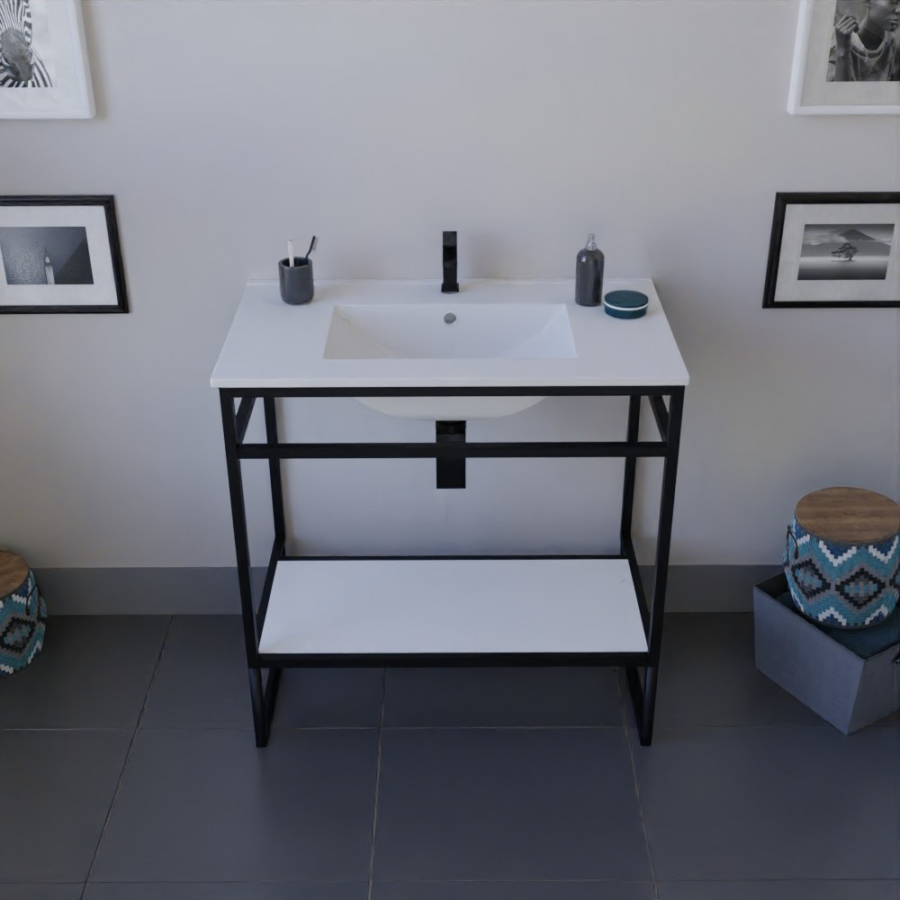 Ensemble STRUCTURA meuble salle de bain 80 cm ouvert en métal noir, étagère de rangement blanche et plan vasque en céramique blanche