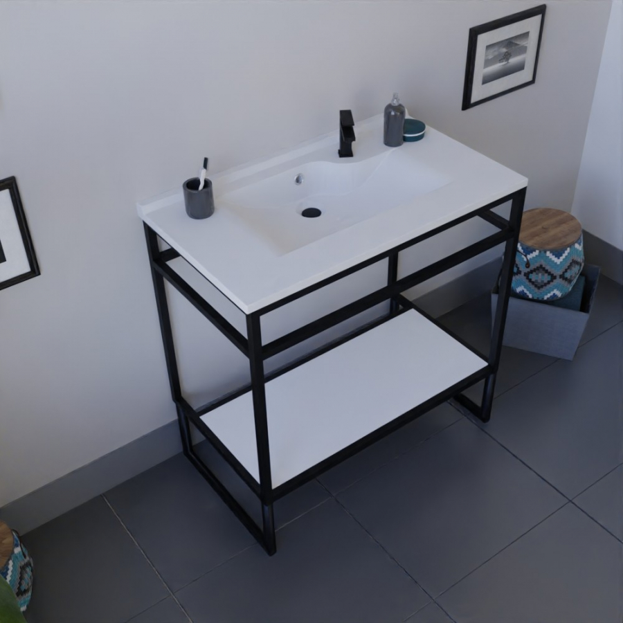 Ensemble STRUCTURA meuble salle de bain 80 cm ouvert en métal noir, étagère de rangement blanche et plan vasque en résine blanche
