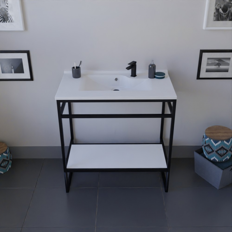 Ensemble STRUCTURA meuble salle de bain 80 cm ouvert en métal noir, étagère de rangement blanche et plan vasque en résine blanche